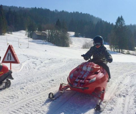 Corse adrenaliniche nel parco delle motoslitte a Brunni-Alpthal