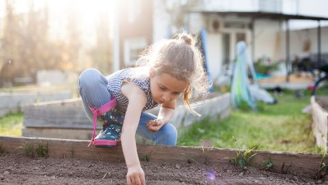 Bambina che pianta i semi nell’aiuola