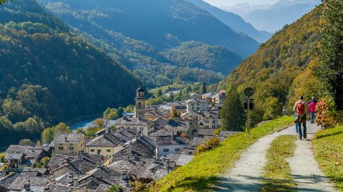 Sentier des châtaigniers du Val Bregaglia avec une vue imprenable.