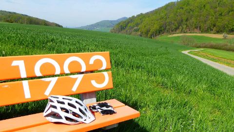 Casque de vélo et gants sur un banc orange devant une prairie verte