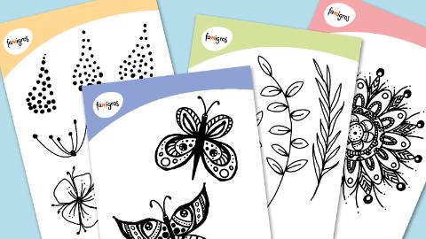 Die vier PDF-Vorlagen: Blumen, Blätter; Schmetterlinge und das Mandala