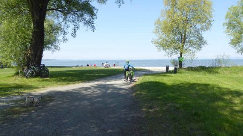 Una donna conduce la propria bicicletta su una pista ciclabile sulle sponde del lago di Costanza