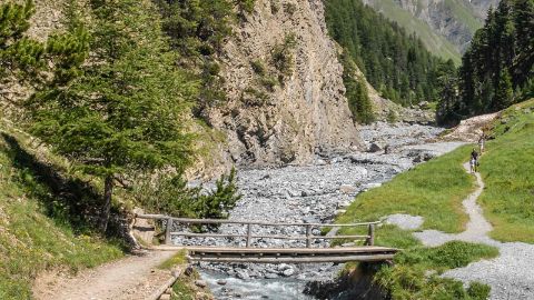 Pont en bois au-dessus d’une petite rivière et famille en randonnée