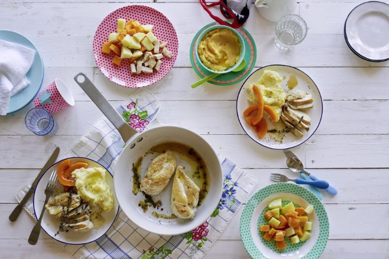 Poulet avec purée de pommes de terre et courge