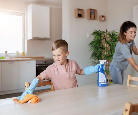 Mutter und Sohn reinigen die Küche