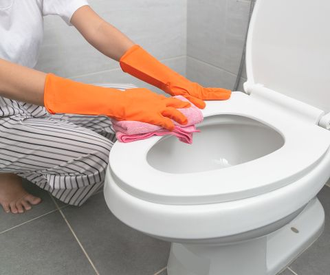 Une femme nettoie la lunette des toilettes