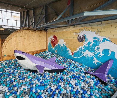 Das Bällebad für die Kleinsten, mit einem riesigen Hai, im Bimano Kids in Bern