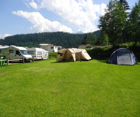 Die Zeltwiese des Campingplatz Flims mit Zelten, Wohnwagen und Wohnmobilen