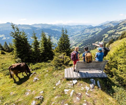 Una famiglia si gode da una panchina il panorama lungo un sentiero di Davos Klosters