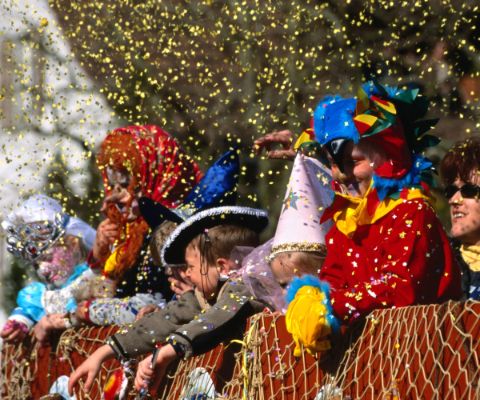 Des carnavaliers déguisés jettent des confettis