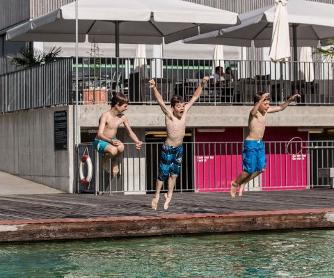 Jeunes sautant dans la piscine naturelle du camp de vacances Milandia du lac de Greifen 