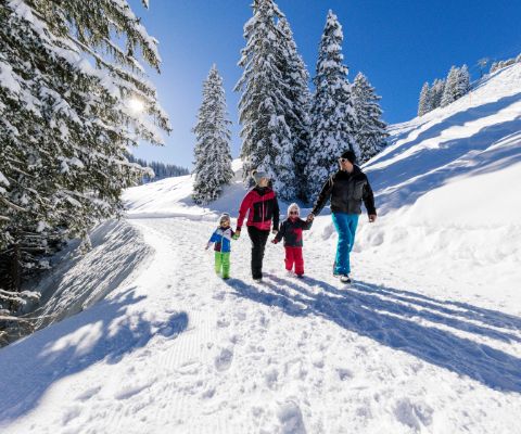 Famiglia passeggia in inverno sullo Hoch-Ybrig 