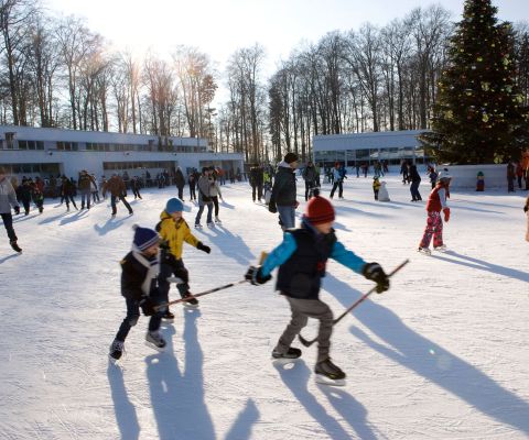Kinder am Eislaufen auf einem Ausseneisplatz mit Weihnachtsbaum