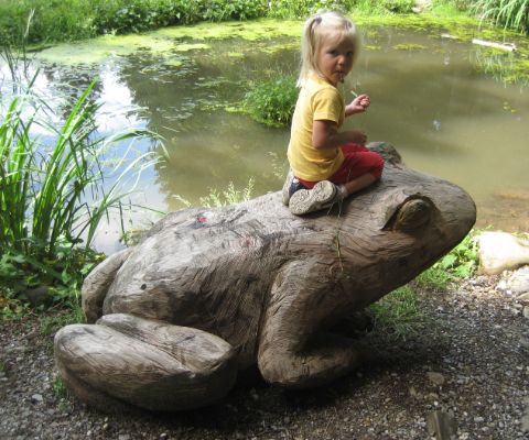 Bambina siede su una rana di pietra