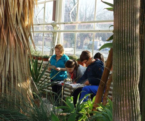 Una donna e tre bambini leggono con interesse un testo informativo sulle piante succulente