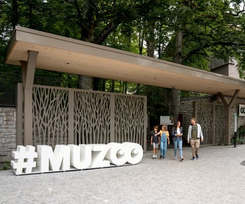 Familie vor dem Eingangsbereich des MUZOO