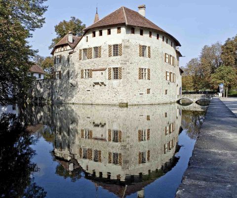 Wasserschloss Hallwyl spiegelt sich idyllisch im Wasser