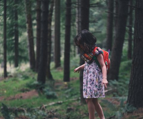 Une fille en robe avec un sac à dos dans la forêt