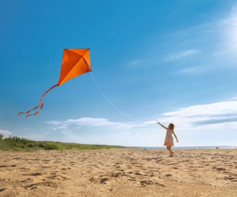 Un bambino fa volare un aquilone in spiaggia