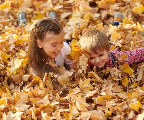 Zwei Kinder liegen bäuchlings in einem herbstlichen Blätterhaufen