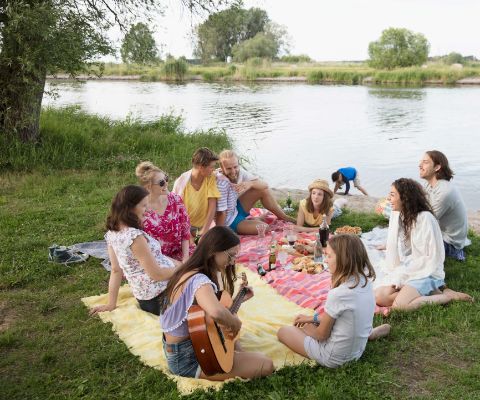 Familie macht ein Picknick am See