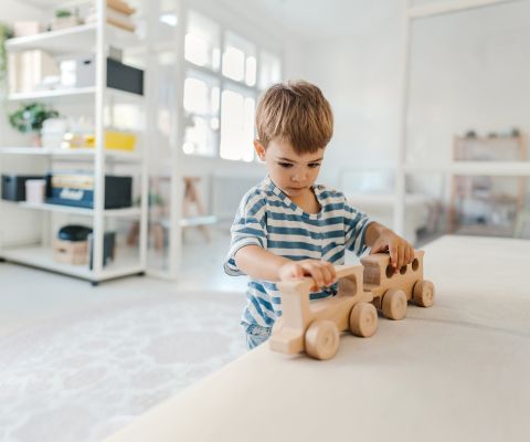 Un petit garçon joue avec des jouets en bois durables