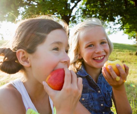 Due bambine che mangiano una mela sotto gli alberi