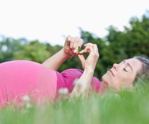Schwangere mit Babybauch liegt im Gras