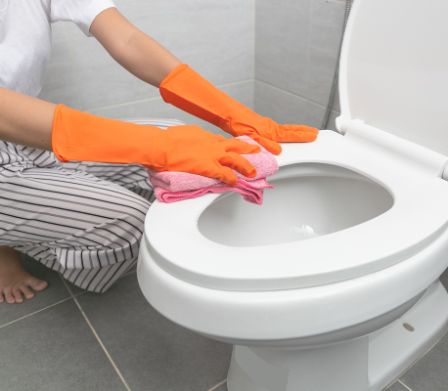 Une femme nettoie la lunette des toilettes