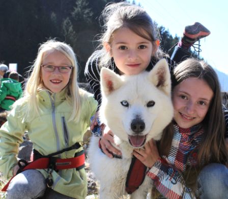 Tre bambine coccolano un husky bianco