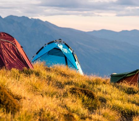 Zelte auf einer Wiese in den Bergen