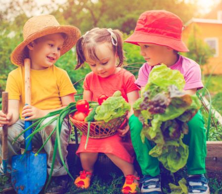 Trois enfants jardinent et récoltent des légumes frais