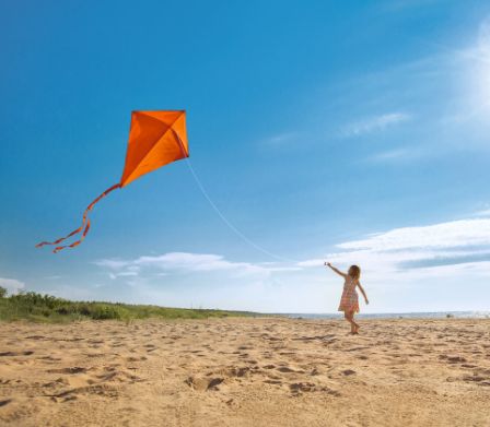 Un bambino fa volare un aquilone in spiaggia