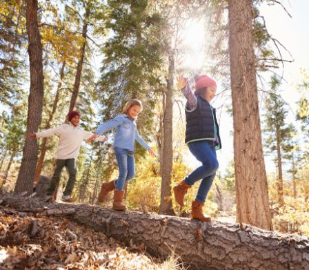 Drei Kinder balancieren auf einem Baumstamm im Herbstwald