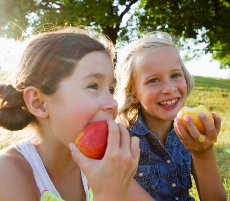 Zwei Mädchen unter Bäumen essen Äpfel