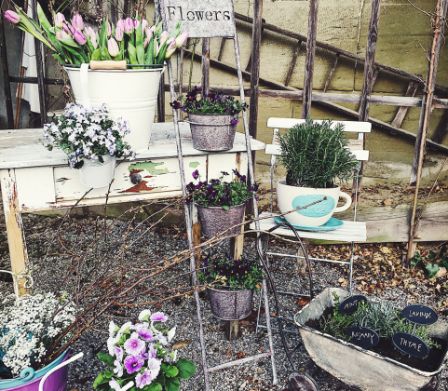 Jardin en gravier avec table et échelle à fleurs