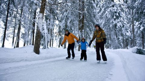 Famille patinant sur le chemin de glace d’Albula à travers la forêt enneigée