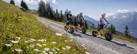 Una famiglia scende dalla montagna con monopattini big wheel