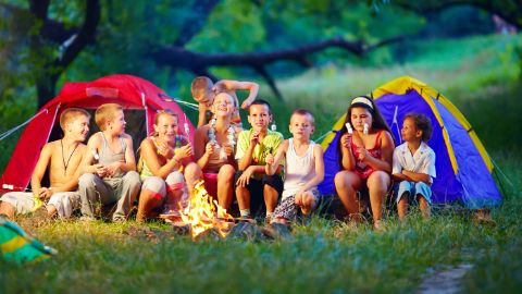 Gruppe Kinder vor Zelten mit Marshmallows auf kleinen Stecken Gruppe Kinder vor Zelten mit Marshmallows auf kleinen Stecken